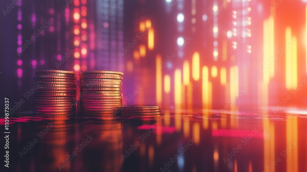 Stacked Coins Reflecting Stock Market Trends and Digital Data Visualization Stacked Coins Reflecting Stock Market Trends and Digital Data Visualization