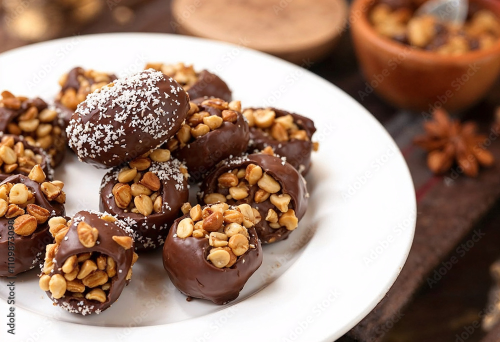 Delicious chocolate-covered treats topped with nuts and coconut served on a white plate, perfect for dessert or snacking on a casual afternoon Delicious chocolate-covered treats topped with nuts and coconut served on a white plate, perfect for dessert or snacking on a casual afternoon