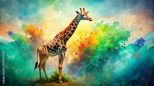 Serene Giraffe in a Vibrant, Abstract Watercolor Landscape photo