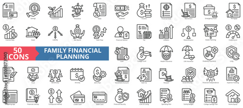 Family financial planning icon collection set. Contain budget, savings, investment, insurance, debt, expense, income, goal, retirement, emergency fund, mortgage, interest rate, asset, liability, life