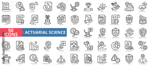Actuarial science icon collection set. Contain risk, probability, statistics, insurance, pension, premium, liability, asset, mortality, life expectancy, annuity, underwriting, investment, valuation