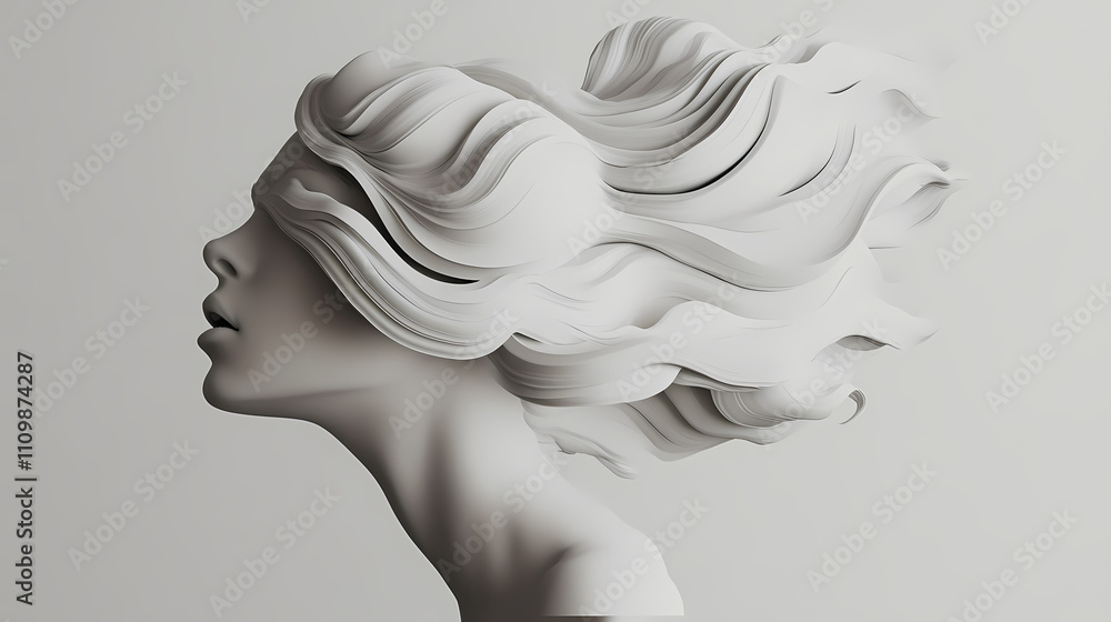 Fototapeta premium A gravity-defying, sculptural hair design that mimics digital pixels, presented against a minimalist, neutral background. Sculptural. Illustration