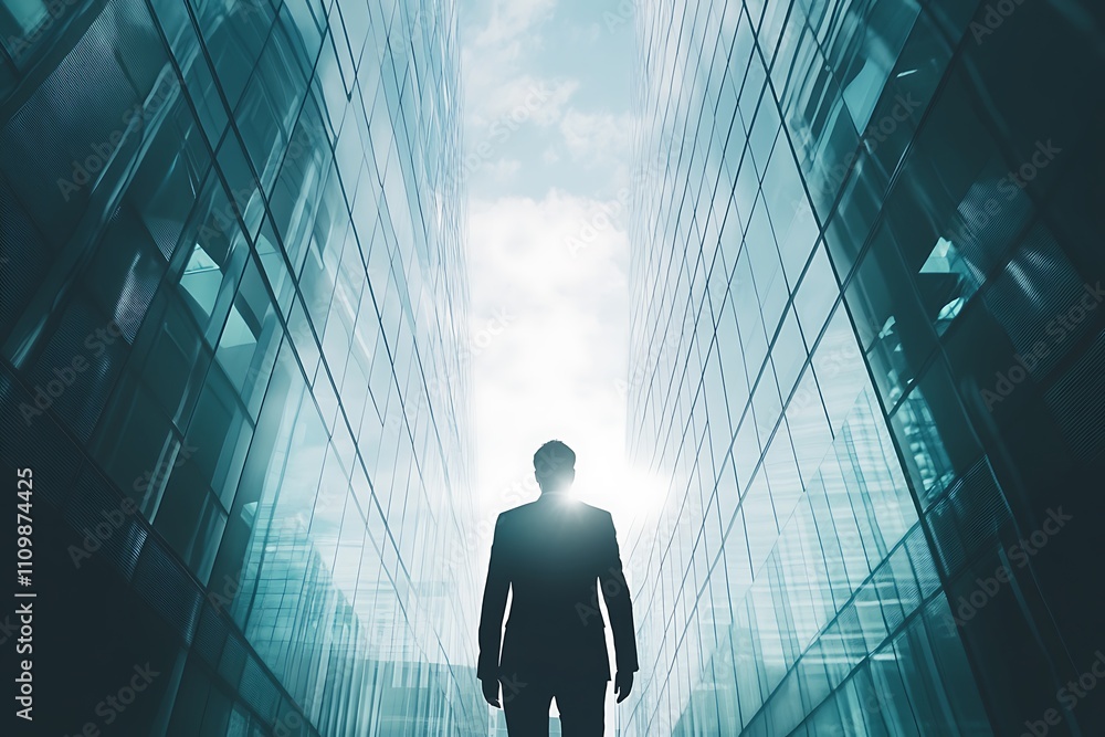 Obraz premium Businessman walking between modern skyscrapers. Concept of leadership, ambition, and success.