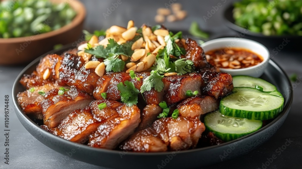 Delicious Asian Pork Dish with Cilantro and Peanuts on Plate Delicious Asian Pork Dish with Cilantro and Peanuts on Plate