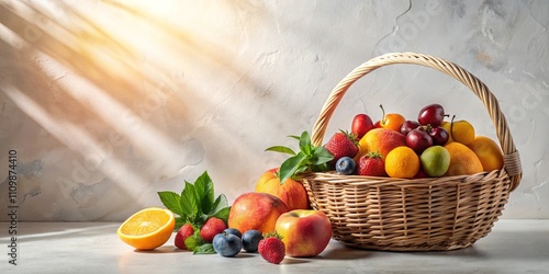 A sunlit wicker basket overflowing with a vibrant assortment of ripe summer fruits, including strawberries, blueberries, oranges, and peaches, displayed on a light surface