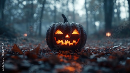 a pumpkin with a glowing face in the woods photo