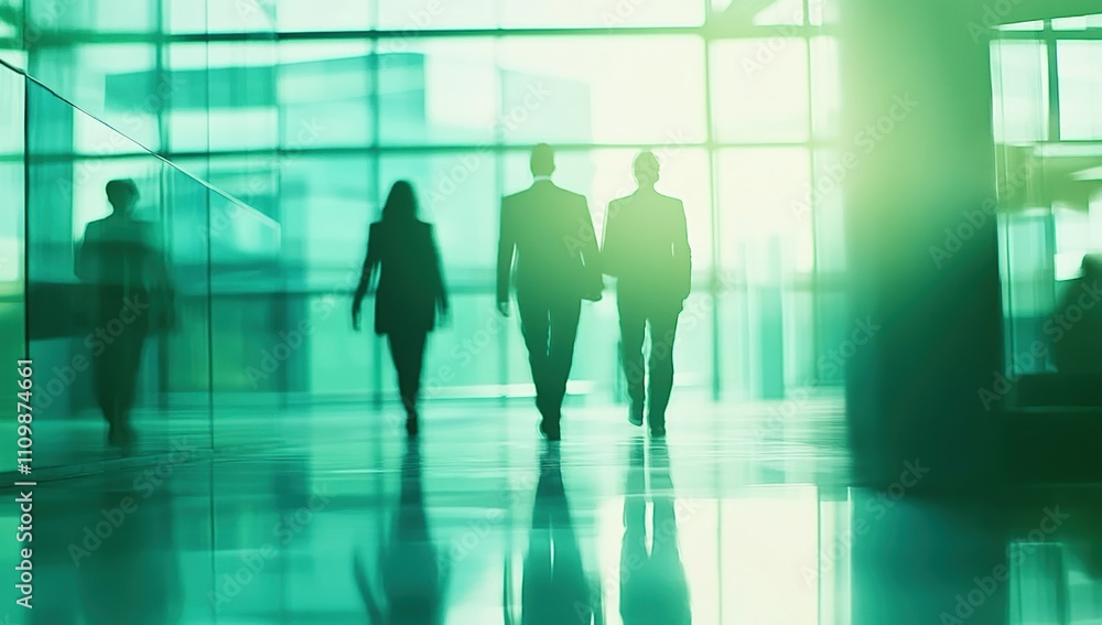 Business Professionals Walking Through Modern Office Building with Glass Walls and Green Tinted Light Business Professionals Walking Through Modern Office Building with Glass Walls and Green Tinted Light
