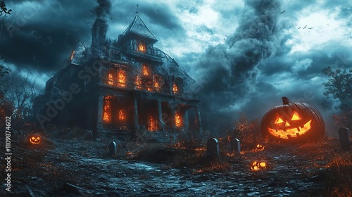 halloween scene with a creepy house and pumpkins in the foreground photo