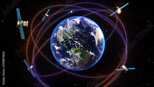 Technology communication global navigation satellite system,standard generic term for satellite navigation systems,GNSS,3d rendering , Elements of this image are decorated with NASA