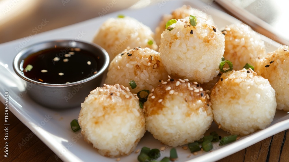 Golden Brown Rice Balls with Sesame Seeds and Dipping Sauce Golden Brown Rice Balls with Sesame Seeds and Dipping Sauce