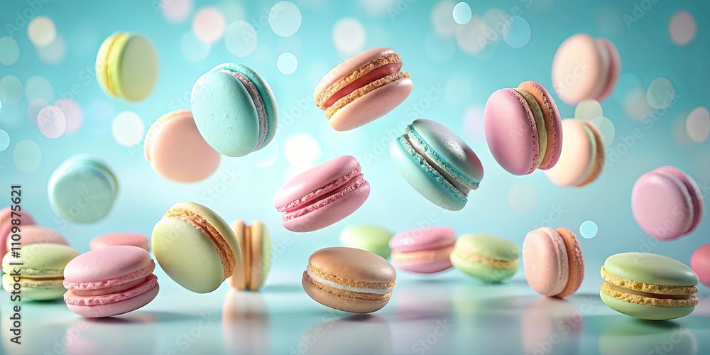 Delightful Pastel Macarons in Mid-Air, a Sweet Culinary Dream Delightful Pastel Macarons in Mid-Air, a Sweet Culinary Dream