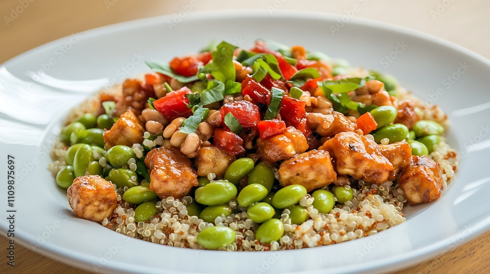 A healthy salad with a mix of plant-based proteins, including tempeh, edamame, and quinoa, on a white ceramic plate A healthy salad with a mix of plant-based proteins, including tempeh, edamame, and quinoa, on a white ceramic plate