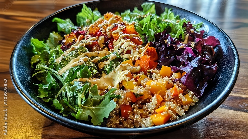 A colorful plant-based salad featuring quinoa, roasted vegetables, leafy greens, and a drizzle of olive oil dressing A colorful plant-based salad featuring quinoa, roasted vegetables, leafy greens, and a drizzle of olive oil dressing