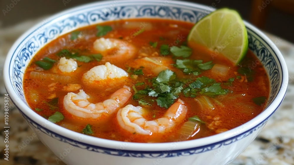 Delicious Shrimp Soup with Herbs and Lime in a Bowl Delicious Shrimp Soup with Herbs and Lime in a Bowl