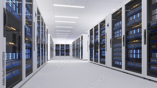 Shot of Data Center With Multiple Rows of Fully Operational Server Racks. Modern Telecommunications,Data center cooling,server room,3d rendering