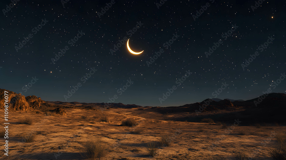 Crescent Moon Over a Serene Desert Landscape Crescent Moon Over a Serene Desert Landscape
