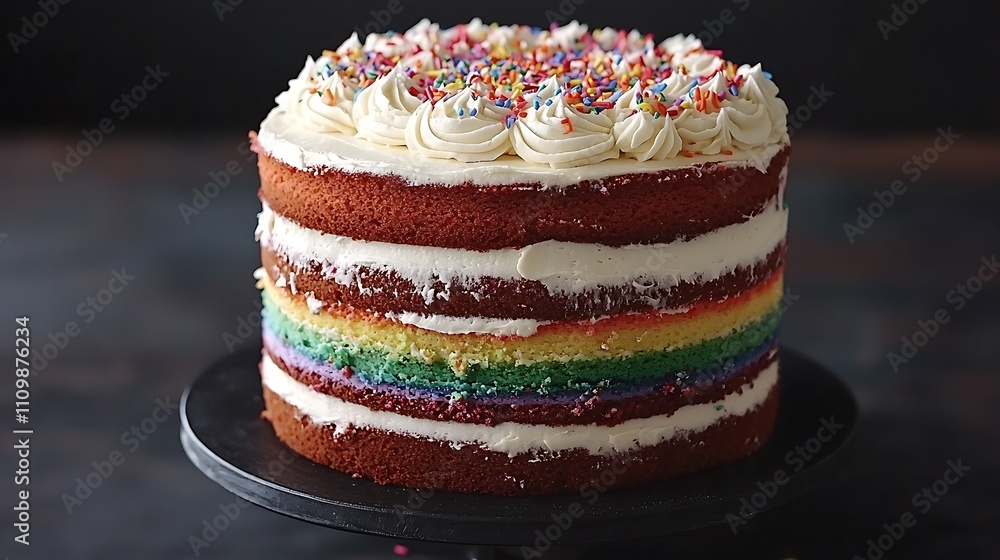 Delicious rainbow layer cake with vanilla frosting and sprinkles. Delicious rainbow layer cake with vanilla frosting and sprinkles.