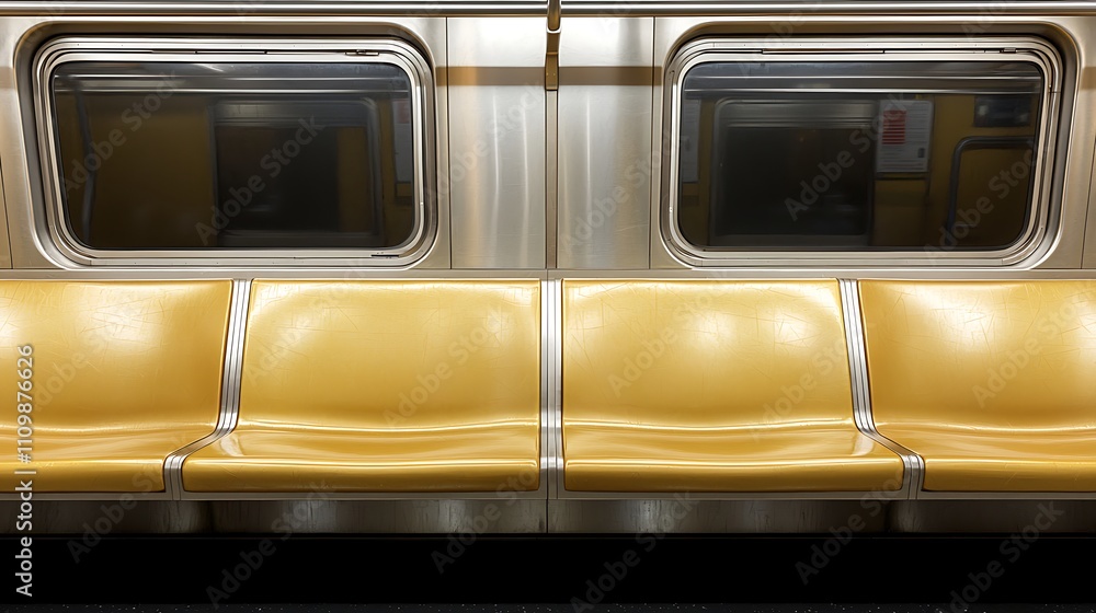 A view of empty yellow subway seats with metallic surroundings, highlighting public transport. A view of empty yellow subway seats with metallic surroundings, highlighting public transport.