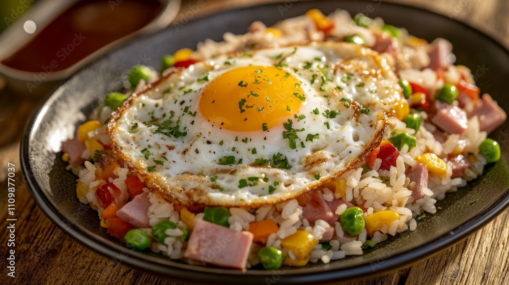 Delicious and Colorful Fried Rice with Fried Egg and Vegetables Delicious and Colorful Fried Rice with Fried Egg and Vegetables