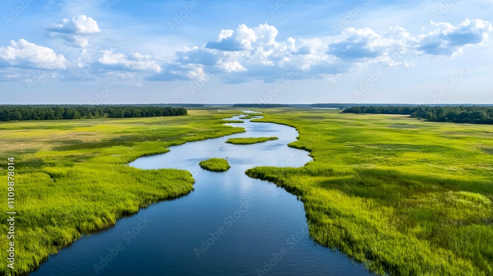 Obraz premium Natural river meandering through lush green fields scenic landscape tranquil environment aerial view nature's beauty