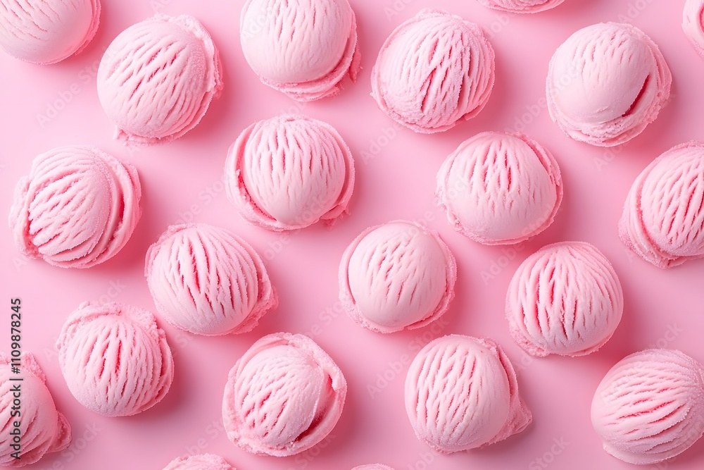 A flat lay of pink ice cream scoops on a pastel background. A flat lay of pink ice cream scoops on a pastel background.