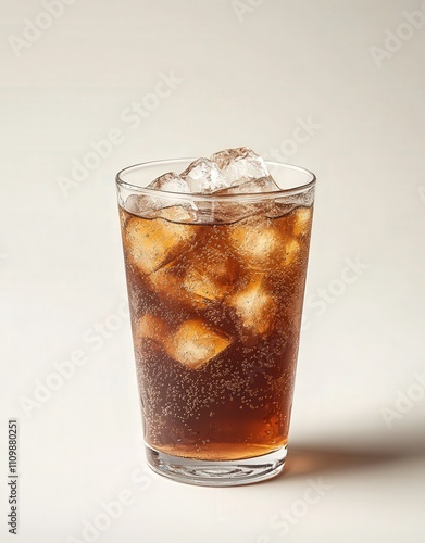 Refreshing cola drink with ice cubes in a tall glass, close-up studio shot against a neutral background. Perfect for advertisements or beverage-related content.