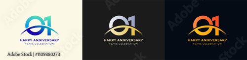 Logo Anniversary with Swoosh Sunrise  1st, 1st Happy Anniversary with Colorful Gradient, Luxury Gold and Silver.