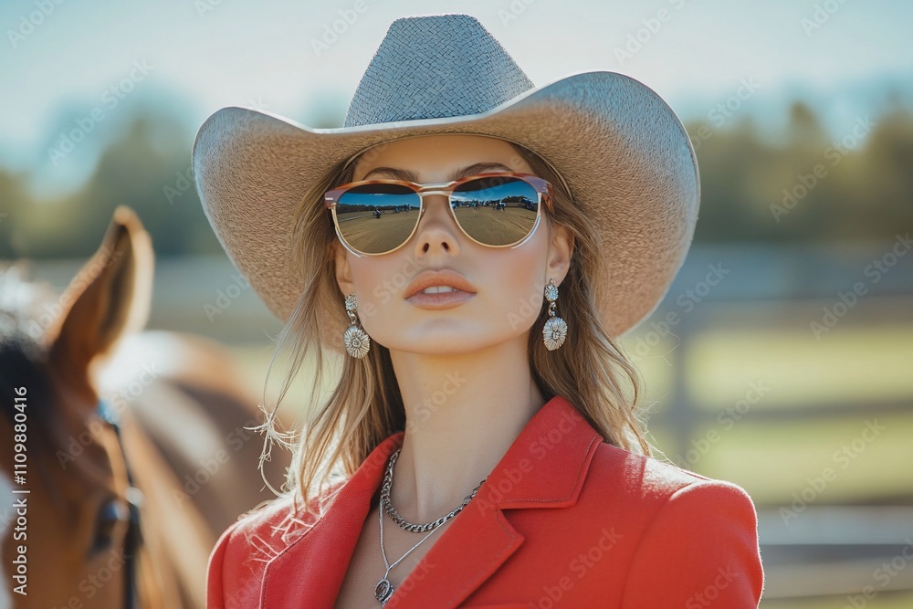 Fototapeta premium Woman in cowboy hat and sunglasses near horse.