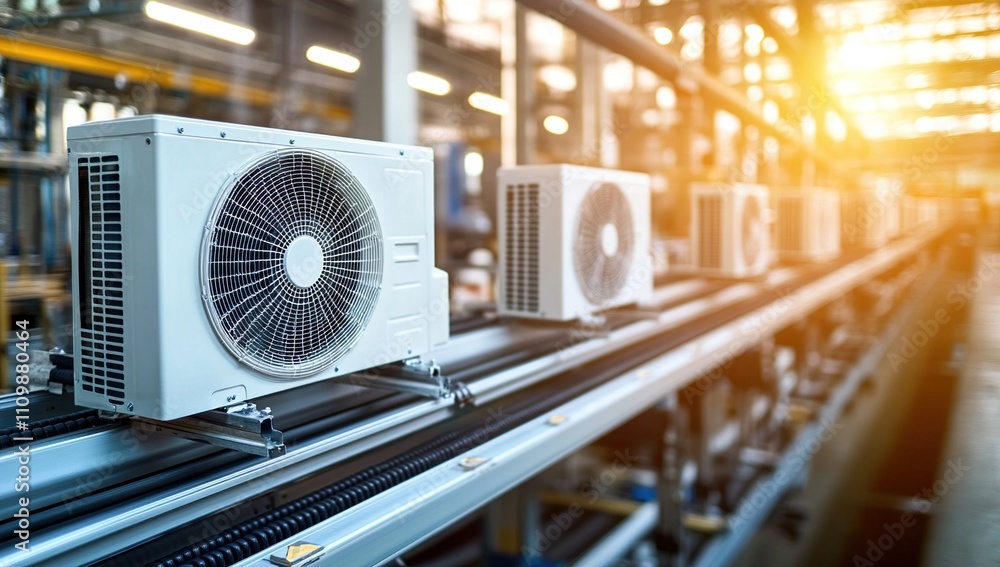 Naklejka premium Assembly Line Manufacturing of Air Conditioning Units in a Modern Factory Setting