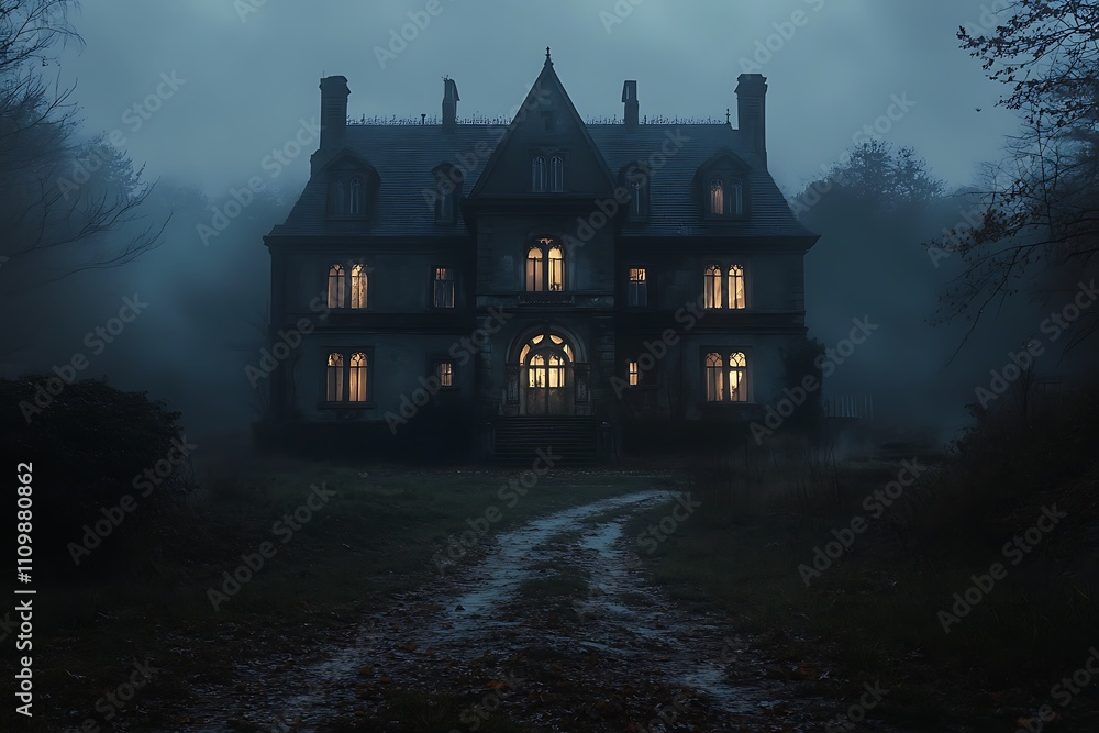 A dark, eerie mansion illuminated by windows, surrounded by fog and a winding path. A dark, eerie mansion illuminated by windows, surrounded by fog and a winding path.