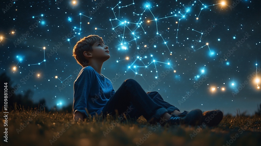 Boy gazes at night sky, constellations above. Boy gazes at night sky, constellations above.