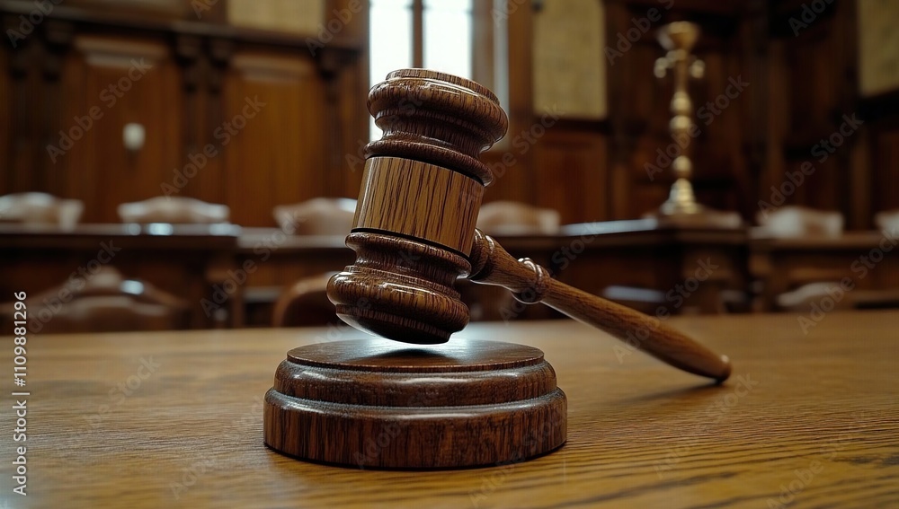 Gavel on Wooden Table in Courtroom: Symbol of Justice and Law Gavel on Wooden Table in Courtroom: Symbol of Justice and Law
