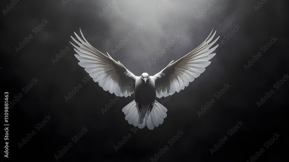 Obraz premium White Dove Soaring on Shiny Background.