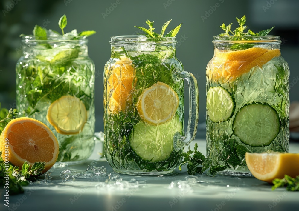 Refreshing cucumber, lemon, and mint infused water in mason jars. Perfect summer drinks. Refreshing cucumber, lemon, and mint infused water in mason jars. Perfect summer drinks.