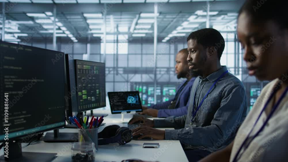 Team of engineers in data center developing and maintaining disaster recovery plans ensuring minimal downtime. Server room workers using data analytics to monitor performance, camera A Team of engineers in data center developing and maintaining disaster recovery plans ensuring minimal downtime. Server room workers using data analytics to monitor performance, camera A