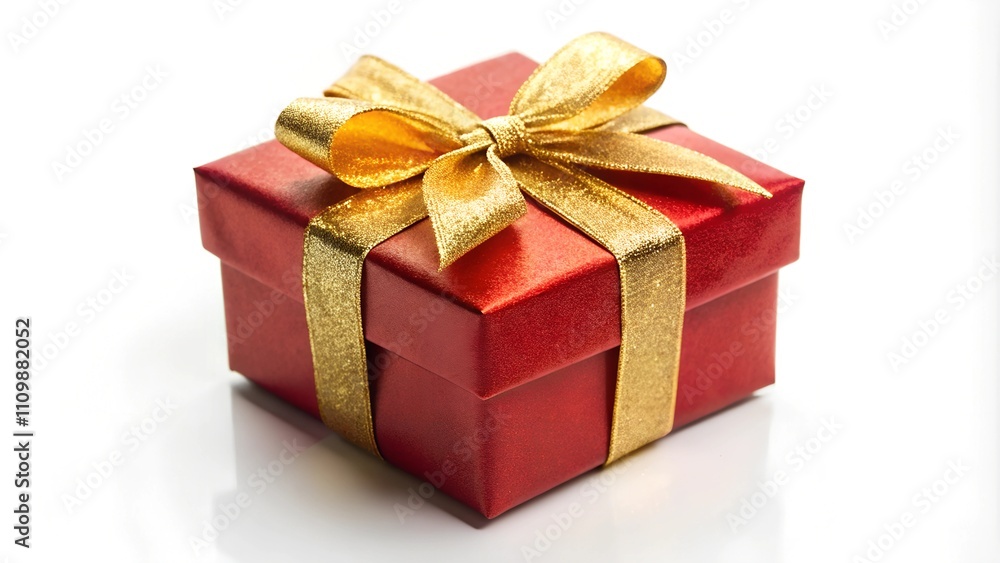 Fototapeta premium Red gift box with a gold ribbon, perfect for festive celebrations like Christmas. The bold red and gold color scheme creates a classic holiday look