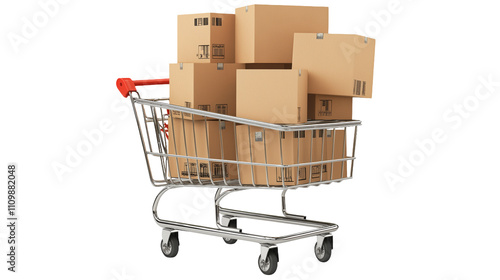 A miniature shopping cart filled with cardboard boxes, isolated on a transparent background, showcasing a compact and detailed design.