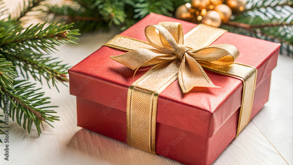 A festive red gift box with a gold ribbon, ideal for Christmas gifts and seasonal designs. The red and gold color combination is traditional and warm A festive red gift box with a gold ribbon, ideal for Christmas gifts and seasonal designs. The red and gold color combination is traditional and warm