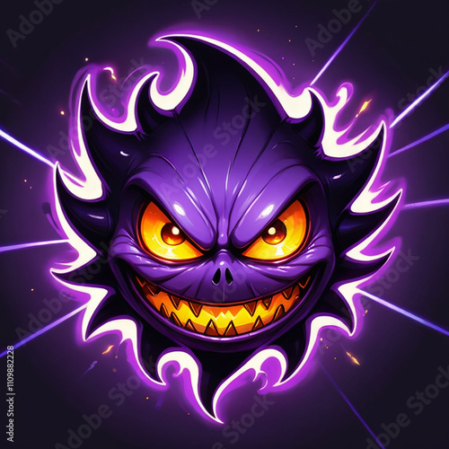 A closeup illustration of a purple, glowing demon face with sharp teeth and yellow eyes set against a dark background. Light rays emanate from the face.