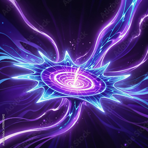 A glowing, swirling portal with vibrant purple and blue energy streams emanating from its center, set against a dark background.