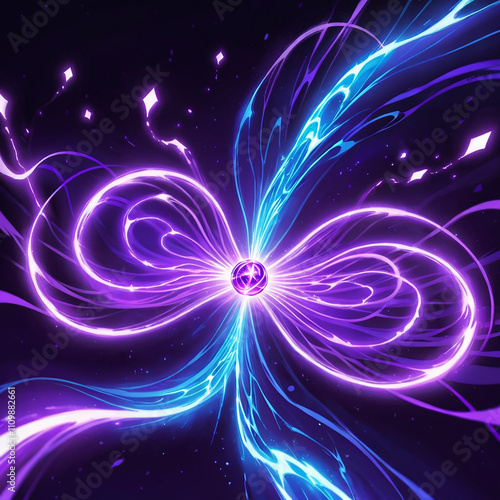 A digital illustration depicts a glowing purple and blue infinity symbol centered on a dark background. A bright purple orb with a white center is located at the intersection of the loops.