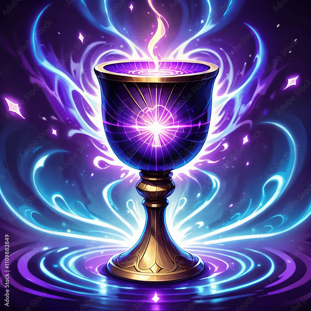 A golden chalice with a dark purple, glowing interior sits atop a swirling, blueandpurple surface. Light streams from the chalice, creating a radiant aura.