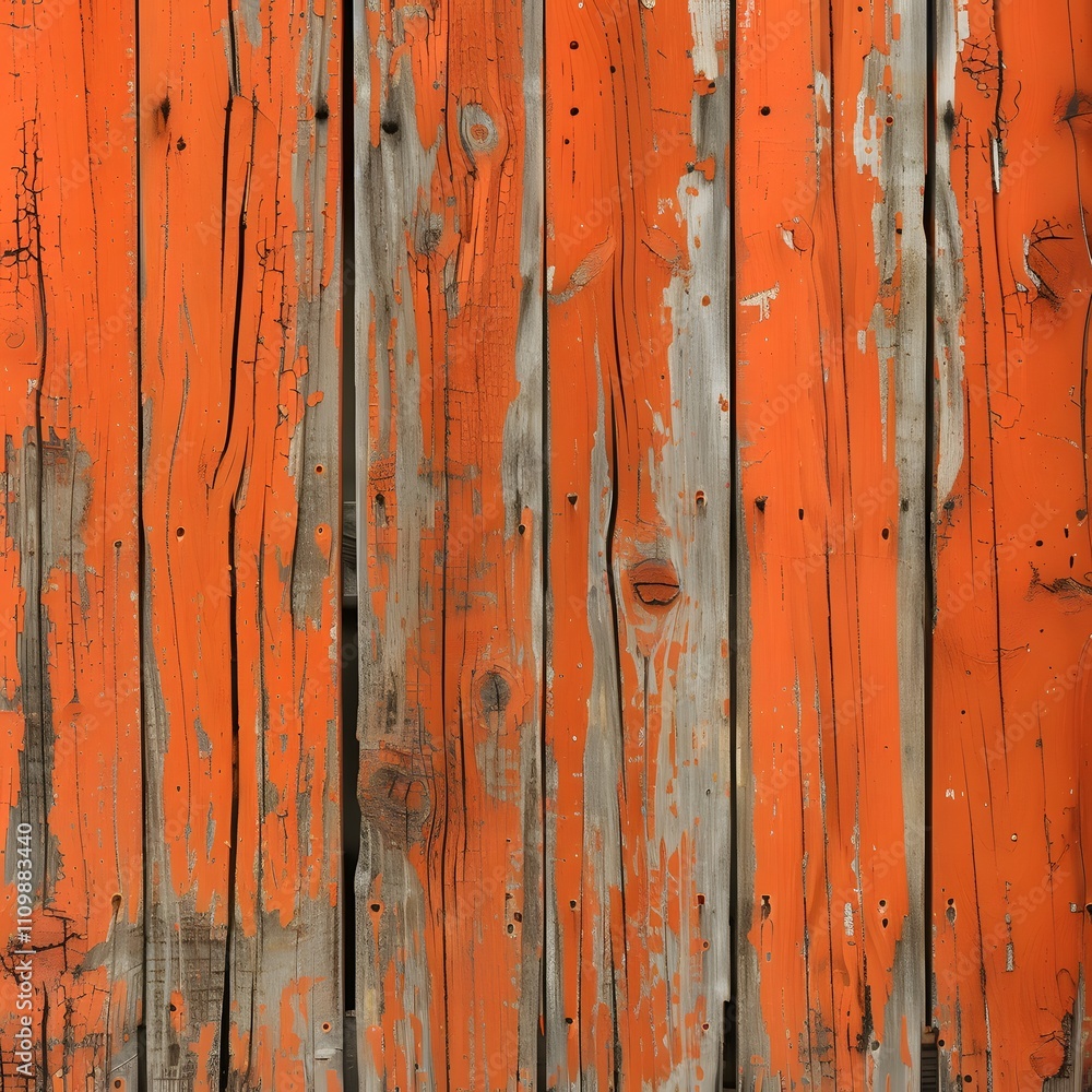 Fototapeta premium A textured wooden surface painted in orange with visible wear and weathering.