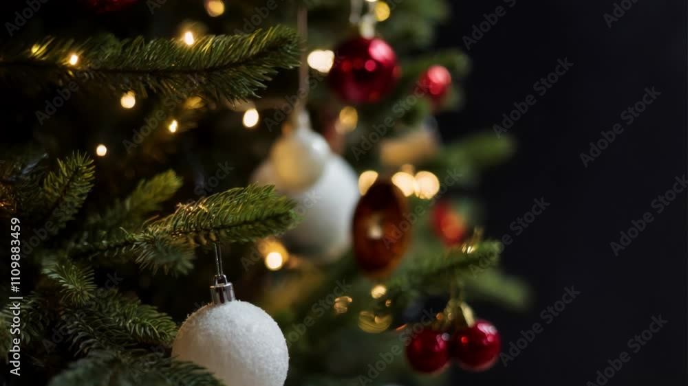 An elegant pine tree with various decorations and lights. 04.