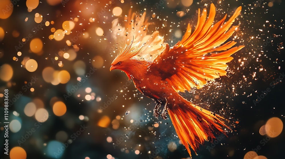 Fiery phoenix bird in flight, surrounded by sparkling bokeh lights and water droplets. Fiery phoenix bird in flight, surrounded by sparkling bokeh lights and water droplets.