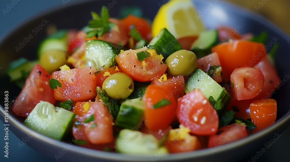 A healthy vegan meal with a plant-based salad on the side, featuring ingredients like tomatoes, cucumbers, and olives, with a lemon dressing A healthy vegan meal with a plant-based salad on the side, featuring ingredients like tomatoes, cucumbers, and olives, with a lemon dressing