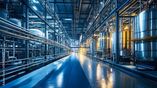 A large industrial building with a long, narrow hallway. The hallway is mostly empty, but there are a few people walking around. The building is lit up, giving it a bright and industrial feel