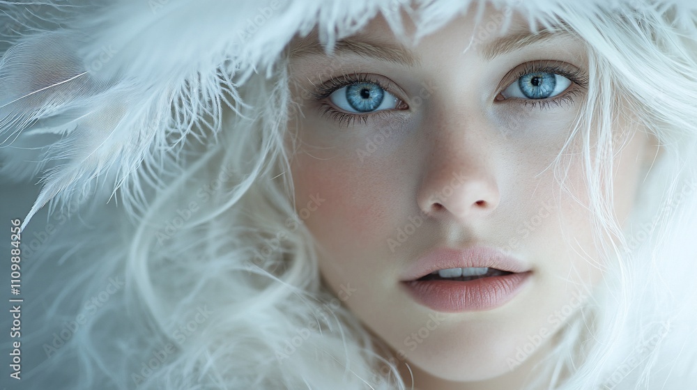 Close-up portrait of a young woman with blue eyes and white hair, wearing a fluffy white hood. Close-up portrait of a young woman with blue eyes and white hair, wearing a fluffy white hood.