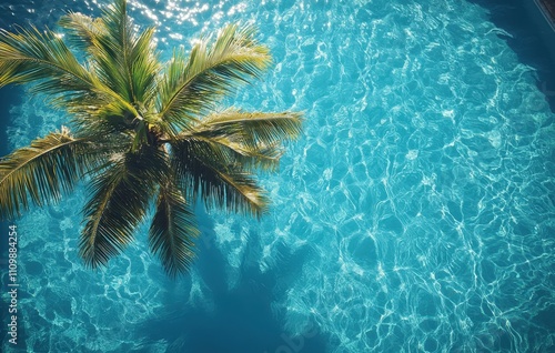 Aerial view of a palm tree's fronds overhanging a sparkling turquoise swimming pool. Ideal for summer vacation, travel, or resort themes. photo