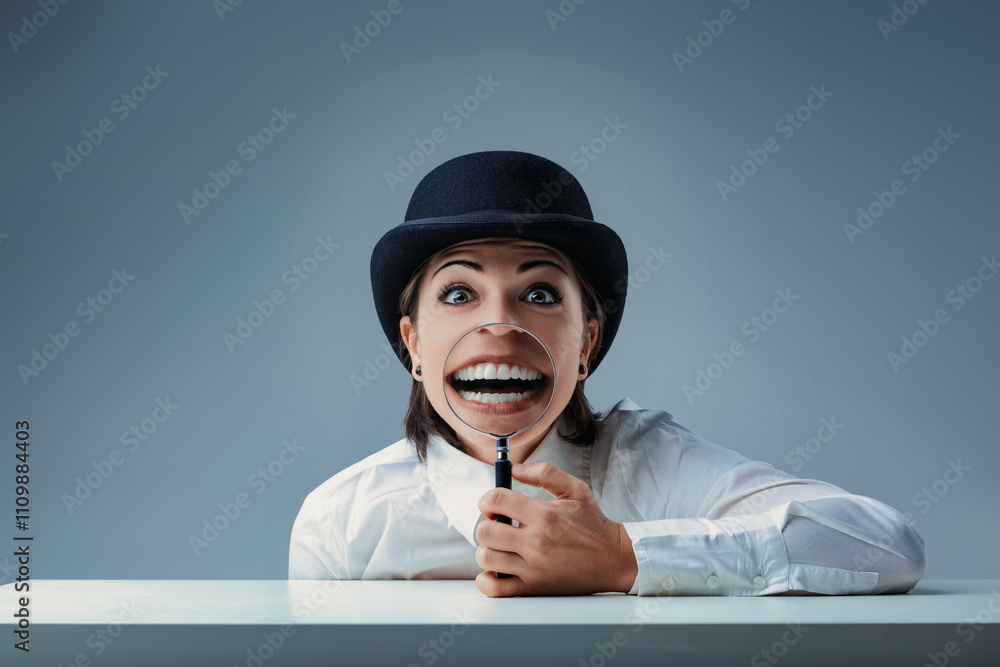 Woman exaggerating her smile with magnifying glass and bowler ha